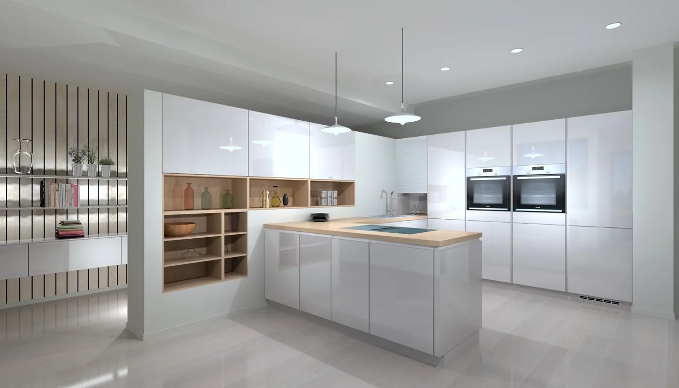 Cuisine blanche avec îlot et rangements — exemple de rendu de la galerie officielle Winner Flex de Compusoft / Cyncly